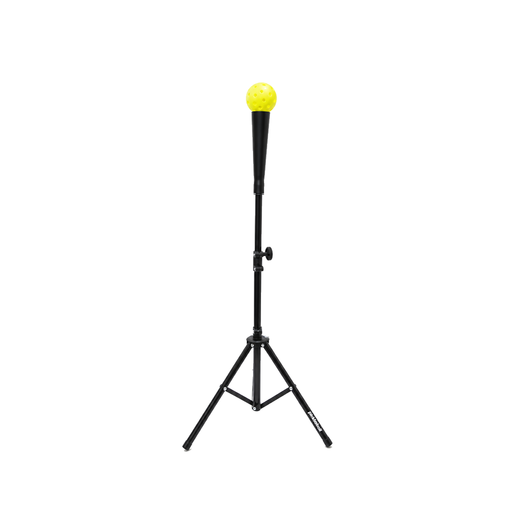 Pickleball Labs training stand, front view with a yellow ball on the tee