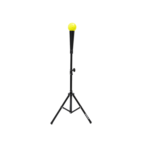 Pickleball Labs training stand, front view with a yellow ball on the tee