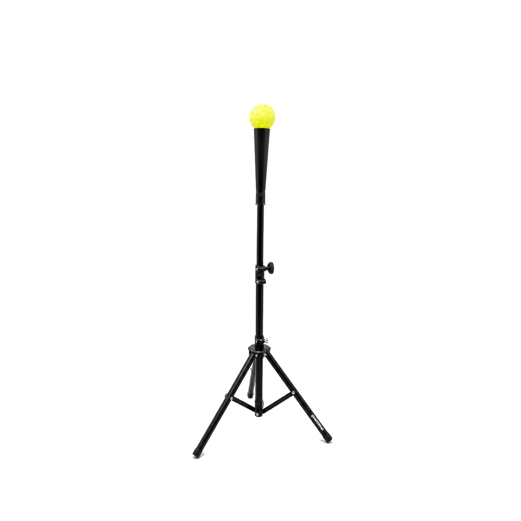 Pickleball Labs training stand, height-adjustable tripod holding a ball at contact height