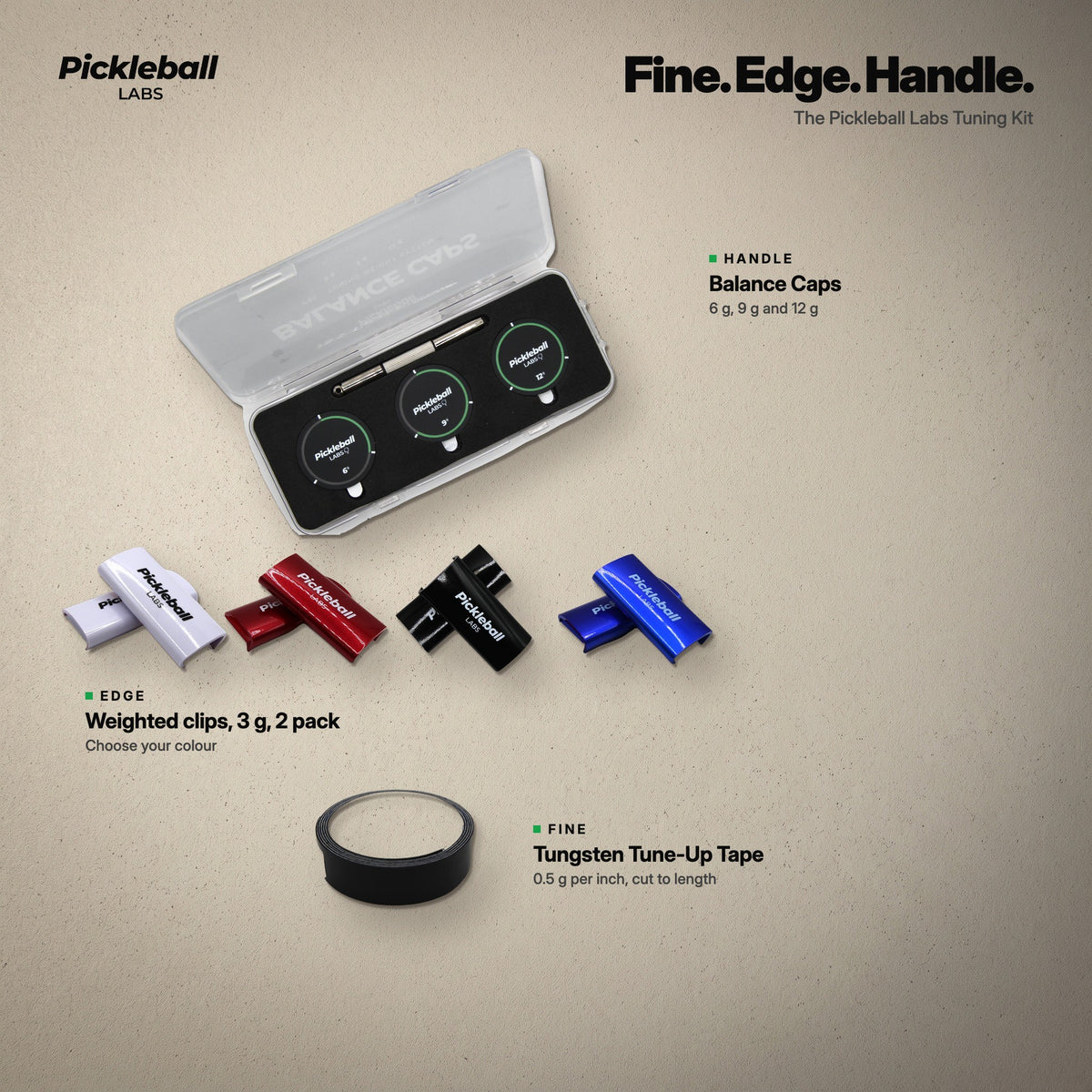 What is inside the Pickleball Labs Tuning Kit: tungsten tape, 3g weighted clips and 6g, 9g and 12g balance caps
