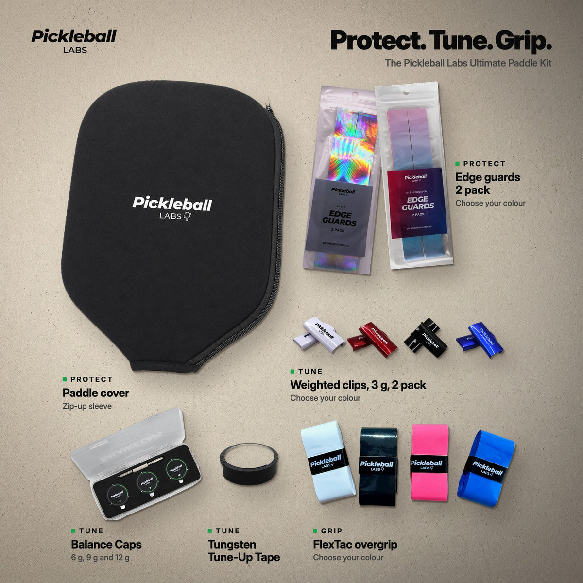 What is inside the Pickleball Labs Ultimate Paddle Kit: protect, tune and grip, with colour choices for edge guards, clips and overgrip