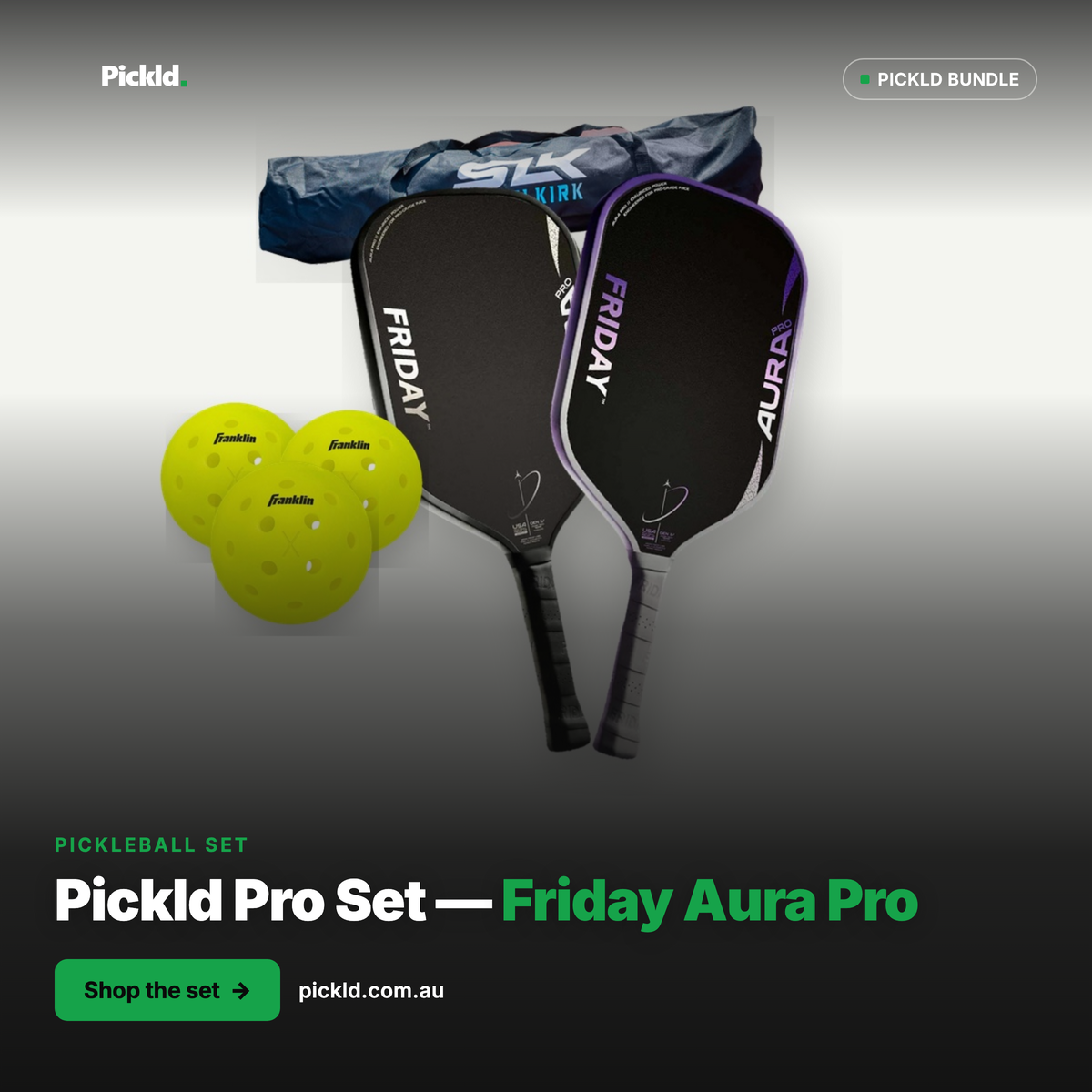 Pickld Pro Set — 2 Friday Aura Pro paddles (choice of colour), Selkirk net, Franklin X-40 balls