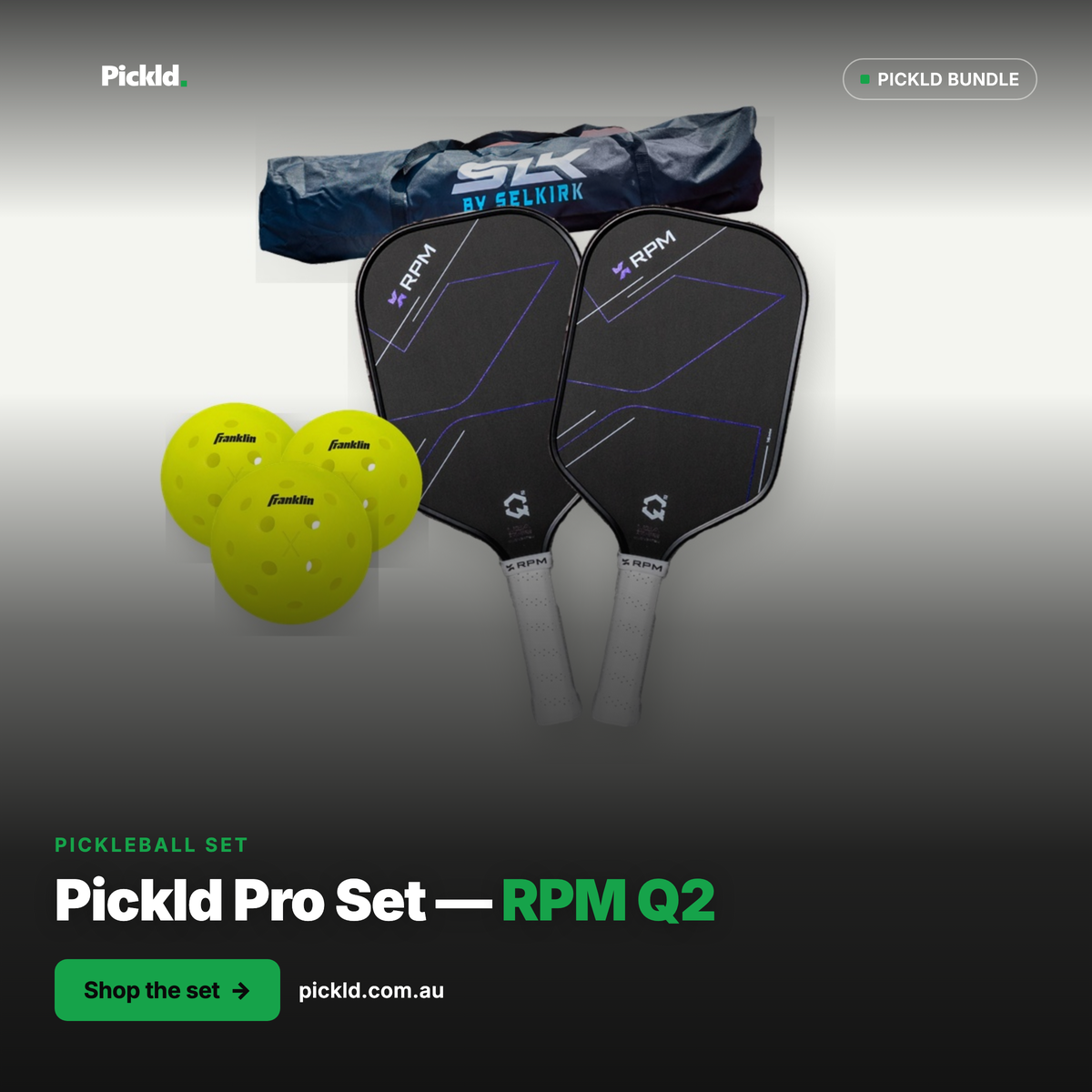 Pickld Pro Set — 2 RPM Q2 paddles, Selkirk net, Franklin X-40 balls