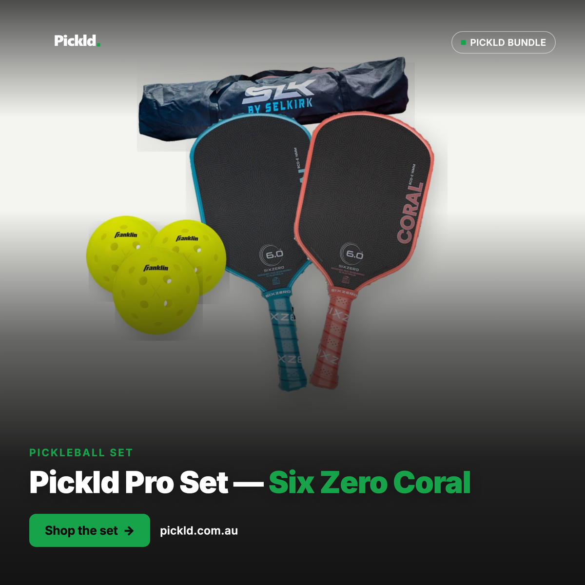 Pickld Pro Set — 2 Six Zero Coral paddles (choice of colour), Selkirk net, Franklin X-40 balls