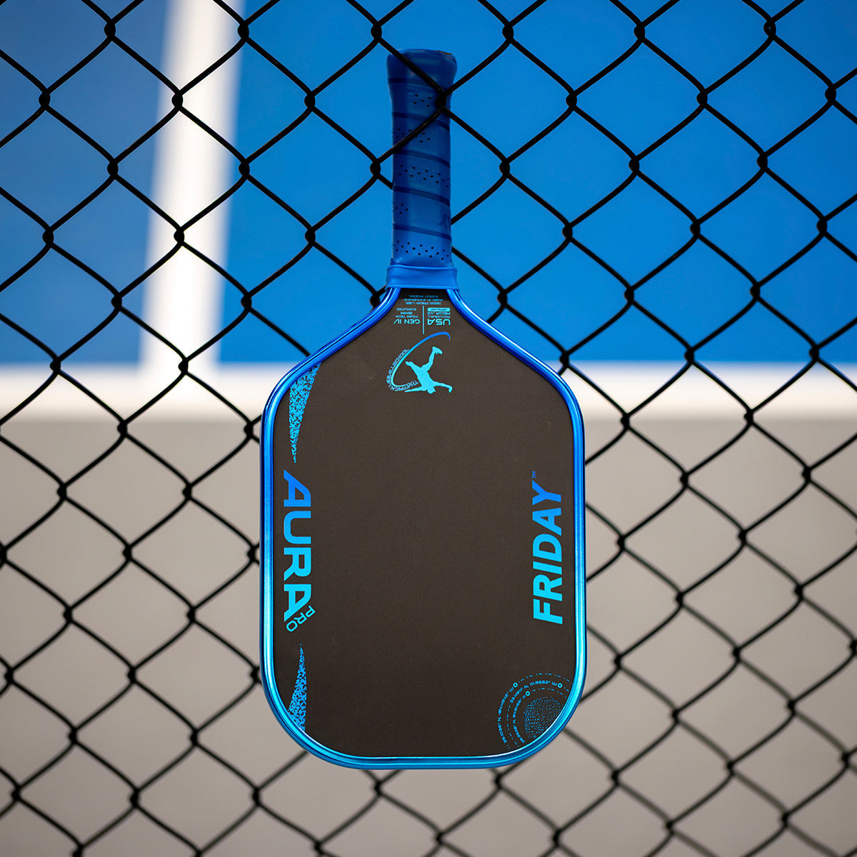Friday Aura Pro Metallic Blue Limited Edition elongated 16mm pickleball paddle – detail