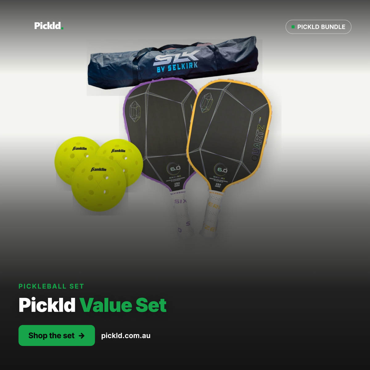 Pickld Value Set — Selkirk net, 2 Six Zero Quartz paddles (choice of colour), Franklin X-40 balls