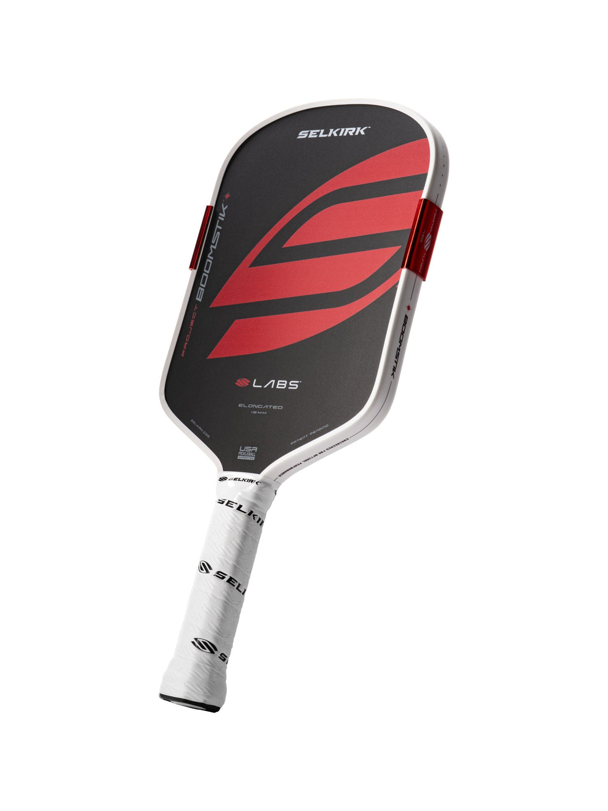 Selkirk LABS Boomstik Elongated pickleball paddle USA Version, Original black and red - three-quarter angle