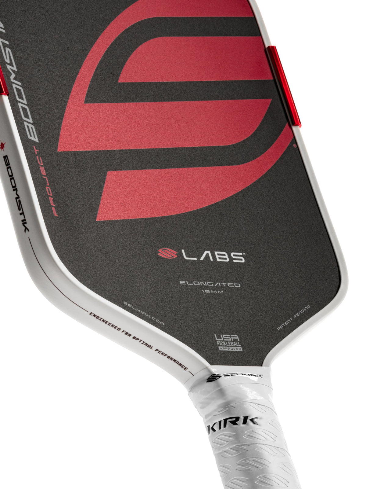 Selkirk LABS Boomstik Elongated pickleball paddle USA Version, Original black and red - face and edge guard detail